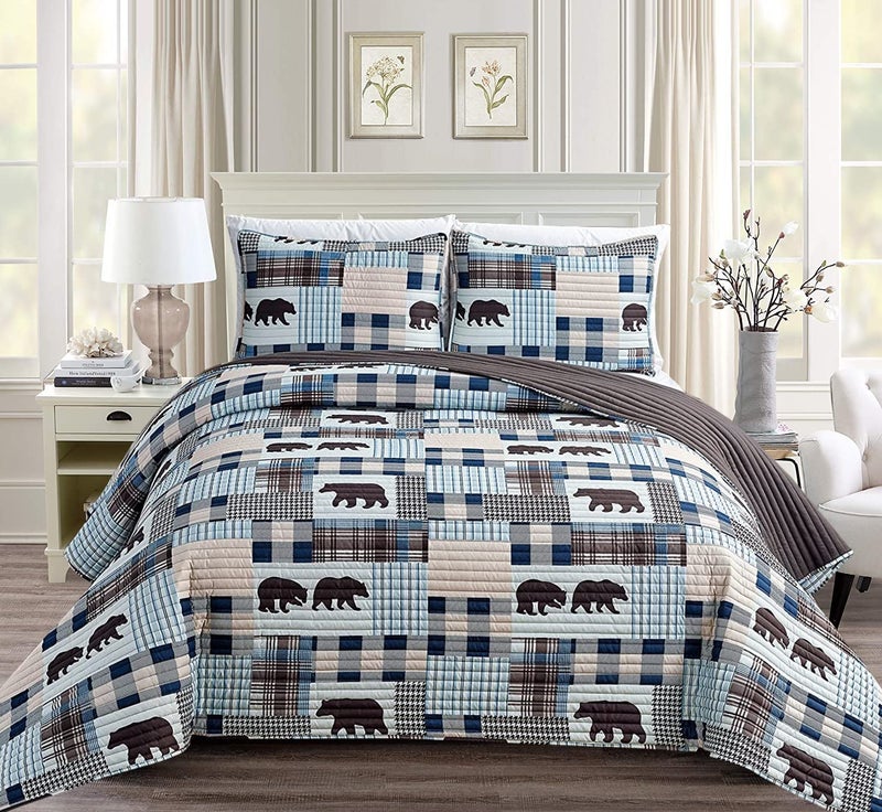 Rugs 4 Less Rustic Modern Farmhouse Cabin Lodge Stripe Quilted Bedspread Coverlet Bedding Set With Patchwork of Grizzly Bears and Buffalo Plaid Check Houndstooth Patterns Beige Blue - Western 2 (King / Cal-king) - Image 1
